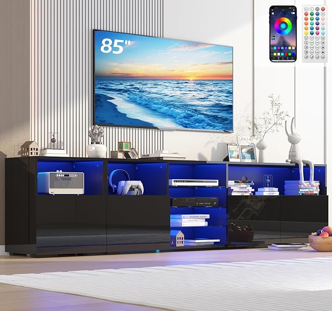 jiteentarou 79IN LED TV Stand for 75/80/85inch TV,High Glossy Modern TV Stand for Living Room,TV Entertainment Center with Adjustable Storage Shelf,RGB LED Lighting,TV Console(Black)