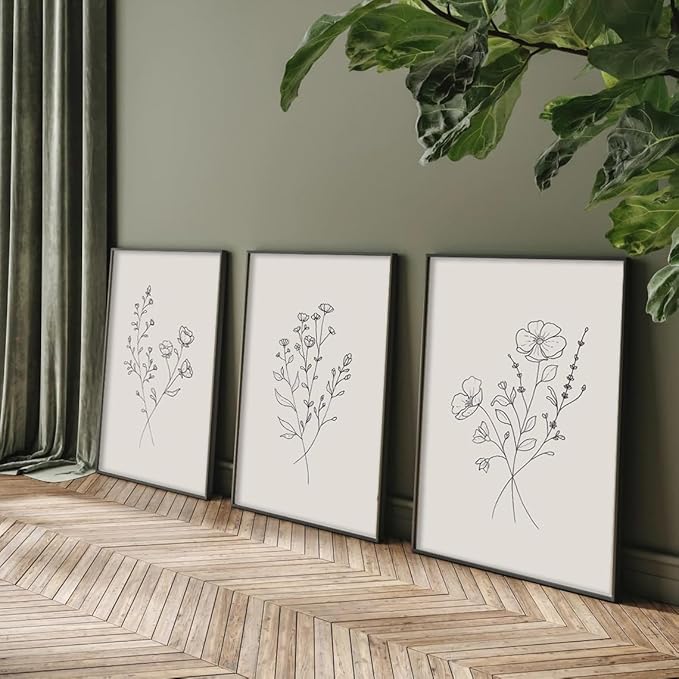 HLUSSBLIEB 3Pcs beige floral art，minimalist botanical line art，modern black and white wall art，Neutral Botanical Floral Wall Art，for Living Room Bedroom Office （12 * 16in） Unframed