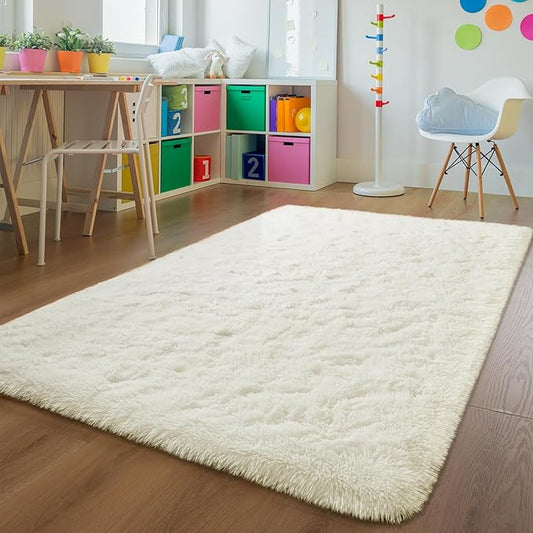 Andecor Soft Fluffy Bedroom Rugs, 5 x 8 Feet Indoor Shaggy Plush Area Rug for Boys Girls Kids Baby College Dorm Living Room Home Decor Floor Carpet, Cream White