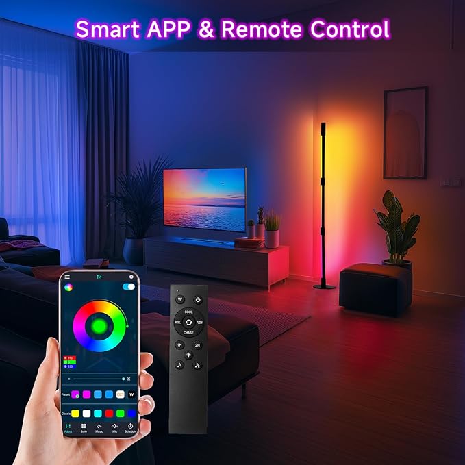SANBEN Corner Floor Lamp - Black RGB LED Floor Lamp with Music Sync and 16 Million DIY Colors, App & Remote Control, Color Changing Modern Smart Corner Lamp for Bedroom Living Room