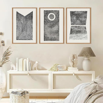 Abstract Dot Pattern Framed Canvas Wall Art Set,Minimalist Black and White Wall Decor,Neutral Geometric Print,Modern Circle Boho Mid Century Artwork for Living Room,Bedroom-16 x24 x3