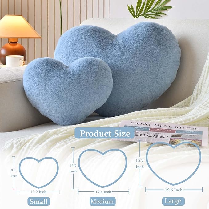 XVTRU Dusty Blue Heart Pillows, Cute Heart Decorative Pillow, Heart Shaped Throw Pillows for Bed, Faux Rabbit Fur Plush Hoom Decor Pillow Cushion for Chair Sofa Living Room (Mini 12.9" x 9.8")