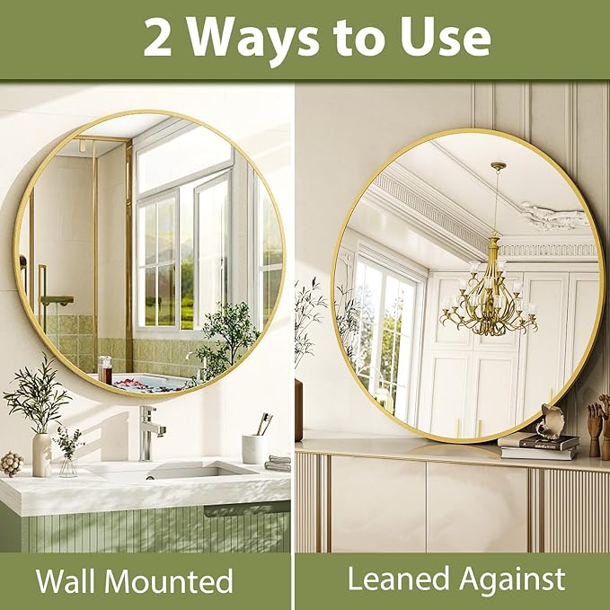 30 Inch Round Bathroom Mirror - Gold Wall Mounted Circle Mirror with Metal Frame, Modern Round Hanging Mirror Suitable for Bathroom, Vanity, Entryway, Living Room