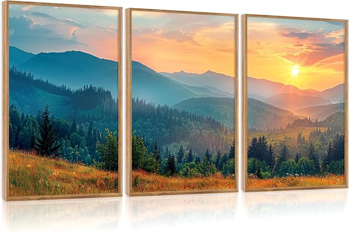 Aurlan Boho Mountain Sunset Landscape Framed Wall Art(24"x36"), 3PCS Green Blue Ridge Grand Teton National Park Canvas Artwork, Abstract Modern Watercolor Nature Forest Scenery Decor for Home Office Bedroom
