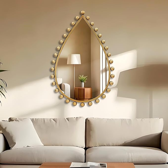 Antique Gold Teardrop Mirror Unique with Ball Frame – 24"x36" Beaded Large Decorative Ornate Wall Mirror for Bathroom, Bedroom, Living Room, Hallway