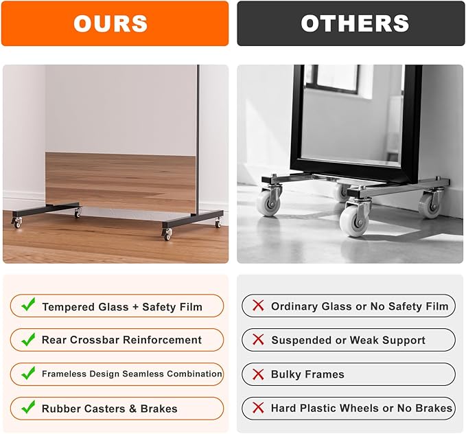 brisafe 70" x 22" Full Length Rolling Floor Mirror on Lockable Wheels, Rectangular Shatter-Resistant Safety Glass, for Home Dance Studio & Yoga, Black Metal Frame and Stand