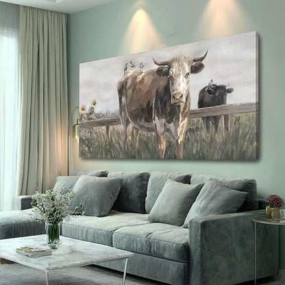 ZENPEE Black and Brown Cow Canvas Wall Art Painting – Rustic Farmhouse Vintage Animal Decor for Living Room & Bedroom, 24 x 48 Inch