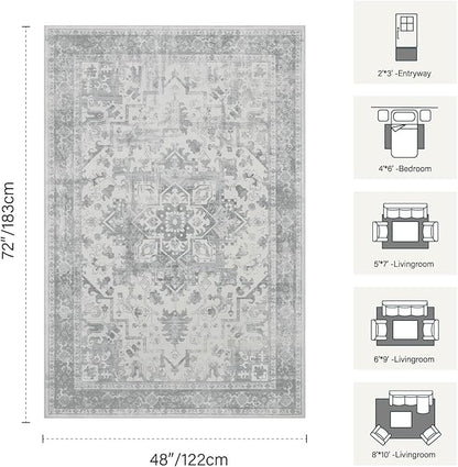 Rugxara Washable Area Rug for Living Room, Neutral Vintage Boho Rugs for Office, Dining Room, Kids Room, Farmhouse, Durable Low Pile Non Slip Carpet for High Traffic Areas, Light Grey(4x6ft)