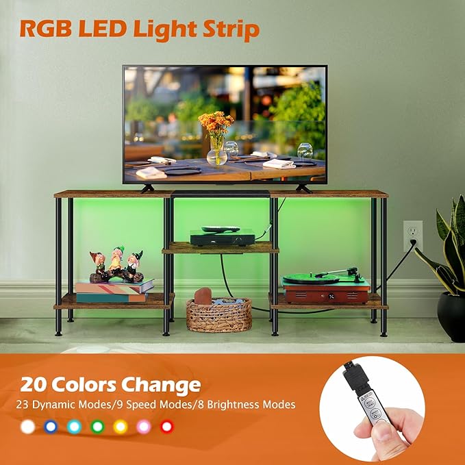 50 Inch TV Stand with Power Outlets and LED Lights, Rustic Brown TV Stands for Living Room Farmhouse Small Entertainment Center with Storage, 3 Tier TV Media Console Table for 50 43 40 32 Inch TV