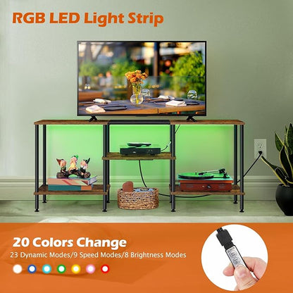 50 Inch TV Stand with Power Outlets and LED Lights, Rustic Brown TV Stands for Living Room Farmhouse Small Entertainment Center with Storage, 3 Tier TV Media Console Table for 50 43 40 32 Inch TV
