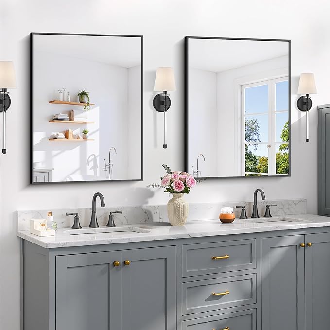 COFENY Black Bathroom Mirror for Wall, 24x32 Inch Rectangle Mirror with Metal Frame, Modern Vanity Mirrors for Bathroom Living Room, Entryway Hangs Horizontal or Vertical