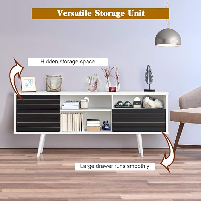Tangkula Mid-Century Modern TV Stand for TVs up to 70 Inch, Wooden TV Console Table with Storage Shelves, Cabinet and Drawer, TV Storage Cabinet Entertainment Center for Living Room (White & Black)