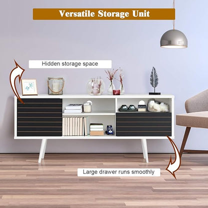 Tangkula Mid-Century Modern TV Stand for TVs up to 70 Inch, Wooden TV Console Table with Storage Shelves, Cabinet and Drawer, TV Storage Cabinet Entertainment Center for Living Room (White & Black)