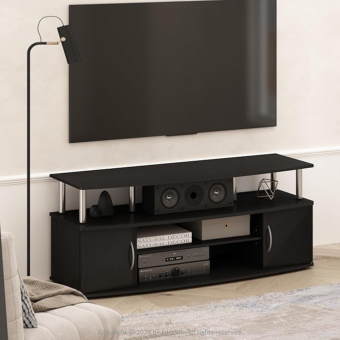 Furinno Jaya TV Stand, Entertainment Center, TV Console, for TV up to 55 Inch, with 2 Doors and Cable Management Holes, for Living Room, Bedroom, Dark Americano/Stainless Steel Tubes
