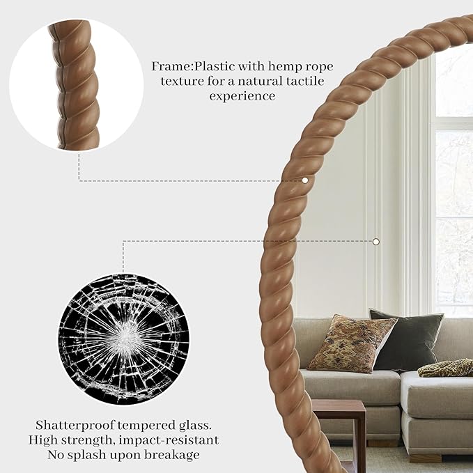 WallBeyond 30" Round Mirror with Rope-Design Frame, Large Circle Wall Mirror for Bathroom, Bedroom, Entryway & Living Room, Natural