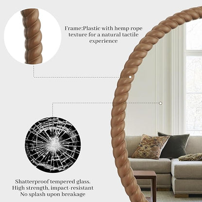 WallBeyond 30" Round Mirror with Rope-Design Frame, Large Circle Wall Mirror for Bathroom, Bedroom, Entryway & Living Room, Natural
