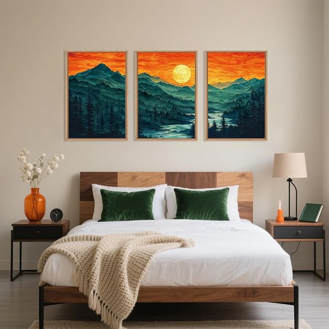 Woodland Mountain Framed Canvas Wall Art Set, Abstract Ridge Wall Painting, Boho Sunset Scenery Wall Decor, Modern Natural Landscape Art Print for Living Room, Bedroom, Office - 24"x36"x3