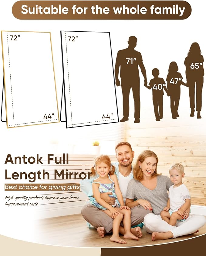 Antok Full Length Mirror, 72"x44" Floor Mirror, Floor Standing Freestanding Full Body Mirror with Stand for Bedroom, Hanging Mounted for Living Room Cloakroom, Gold