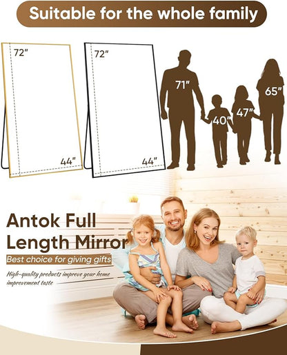 Antok Full Length Mirror, 72"x44" Floor Mirror, Floor Standing Freestanding Full Body Mirror with Stand for Bedroom, Hanging Mounted for Living Room Cloakroom, Gold