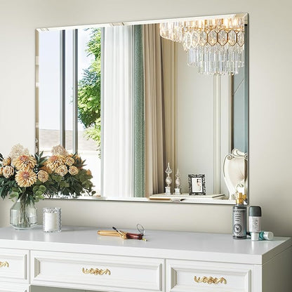 Rectangle Frameless Bathroom Wall Mirror, 40"x32" Beveled Large Framless Mirror for Wall, Bathroom Vanity Mirrors for Over Sink, Bedroom, Living Room Hangs Horizontally or Vertically