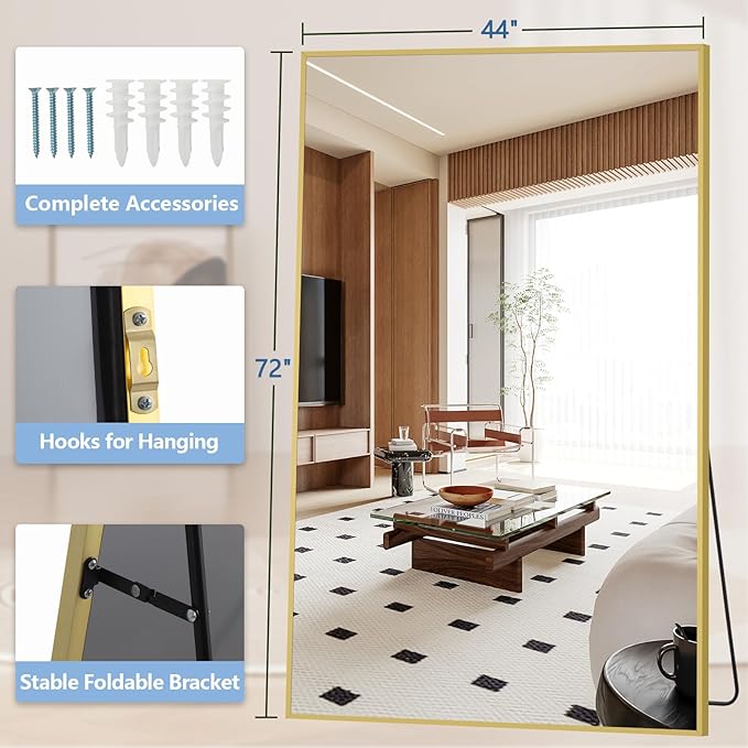 Oversized Standing Mirror Full Length, 72"X44" Extra Large Gold Floor Mirror with Stand, Hanging or Wall Mounted, Full Body Mirror for Gym Bedroom Living Room Clothing Store, Tempered Glass