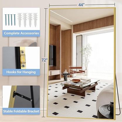 Oversized Standing Mirror Full Length, 72"X44" Extra Large Gold Floor Mirror with Stand, Hanging or Wall Mounted, Full Body Mirror for Gym Bedroom Living Room Clothing Store, Tempered Glass