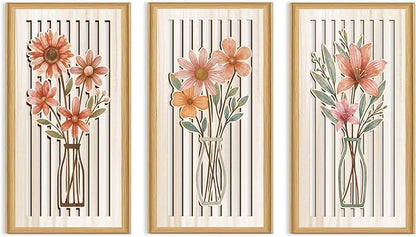 Celestdeco 3 Pcs Boho Flower Market Wall Decor Floral Botanical Modern Wood Wall Art Bohemian Floral Hanging Decor Abstract Minimalist Wooden Art for Living Room Bedroom Office 7.9 x15.8 Inch