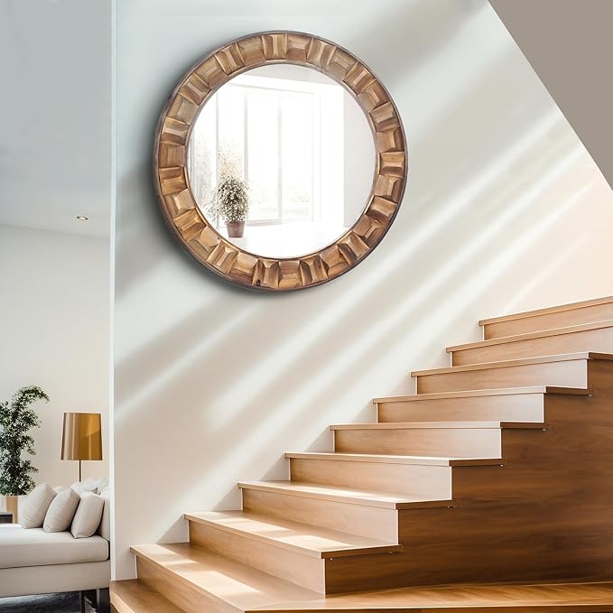 36 Inch Large Round Solid Wood Wall Mirror - Rustic Farmhouse Dark Brown Wooden Circle Mirror for Bathroom, Living Room, Entryway & Wall Decor