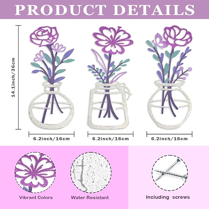 ARTINME 3 Pieces Metal Flowers Wall Arts - Rustic Farmhouse Decor Minimalist Flower Wall Decors for Living Room Bathroom Kitchen Bedroom Dining Room - Housewarming Gifts (Purple)