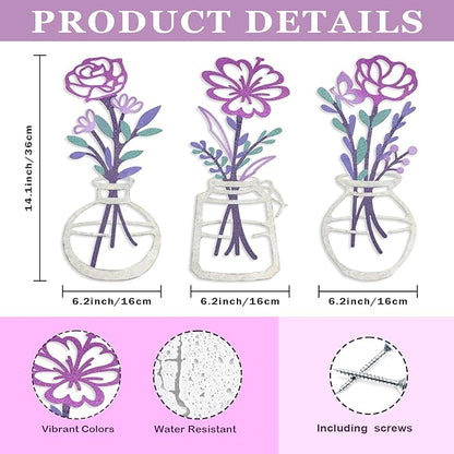 ARTINME 3 Pieces Metal Flowers Wall Arts - Rustic Farmhouse Decor Minimalist Flower Wall Decors for Living Room Bathroom Kitchen Bedroom Dining Room - Housewarming Gifts (Purple)