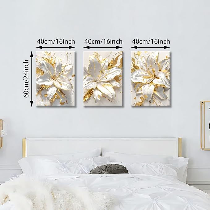 WENGTIAO 3Pcs Elegant White Lily Flowers Canvas Wall Art Boho White Floral Gold Edges Prints Pictures Paintings Beige Blossom Artwork for Living Room Bedroom Office Bathroom 16”x24 x3