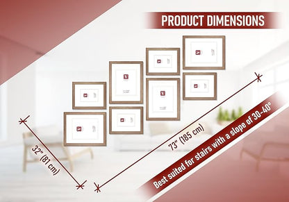 VELISTA 8 Piece Stair Picture Frame Set for Wall Collage - Stairwell Gallery Frame Set Rustic Stairway Decor - Wooden Ladder Picture Frames with Mat - Farmhouse Staircase Wall Decor (Walnut)