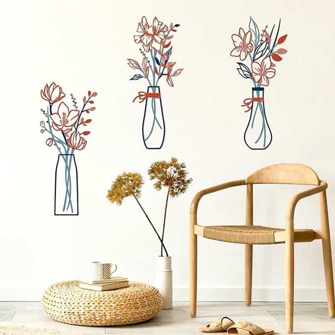 Zzbakress 3 Pcs Metal Flowers Wall Arts Rustic Farmhouse Decor Bathroom Wall Decor Metal Wall Decor for Living-room Dining-Room Kitchen Minimalist Decor Housewarming Gifts (Blue Orange)
