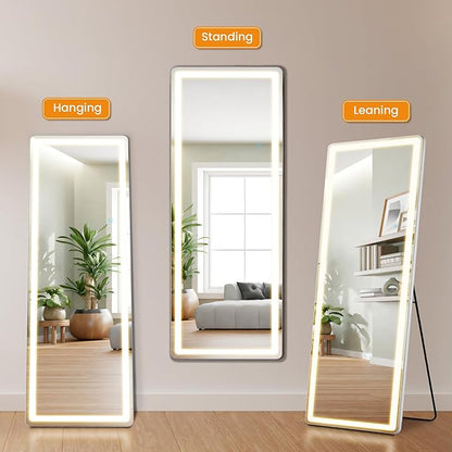 Full Length Mirror with Stand 26"×71", Upgraded Full Body Mirrors with LED Light 3 Color Lighting, Floor Standing, Hanging or Leaning Modern Simple Home Wall Decor, White
