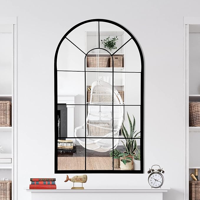 HQiJun Wall Mirror Window Decorative Mirrors Arched Farmhouse for Living Room Bedroom Entryway Bathroom Vanity (Black,41.3”x 24” x1”)