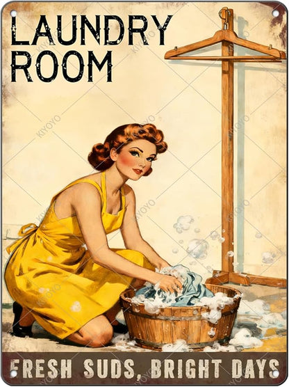 50s laundry Day Poster Metal Tin Sign Fresh Suds Bright Days Vintage Sign Utility Room Decor Retro Laundry Room Wall Art 16x12 Inch