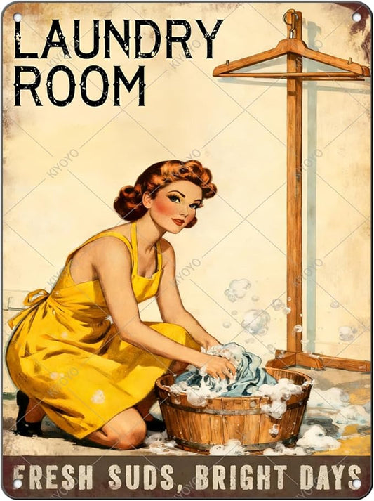 50s laundry Day Poster Metal Tin Sign Fresh Suds Bright Days Vintage Sign Utility Room Decor Retro Laundry Room Wall Art 16x12 Inch