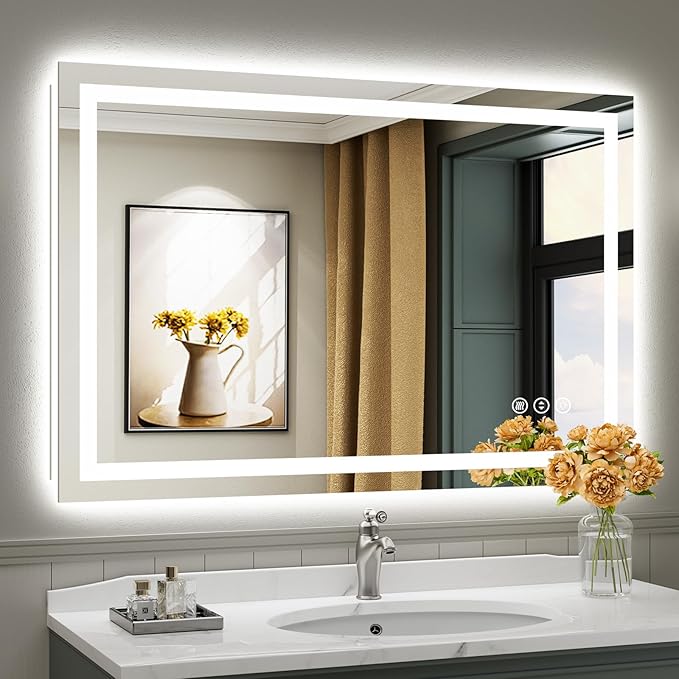 Briivue 48x32 Inch LED Bathroom Mirror with Lights, Backlit & Front Lit, Anti-Fog Lighted Bathroom Vanity Mirror for Wall, Memory Function, Dimmable, HD Tempered Glass, Shatter-Proof
