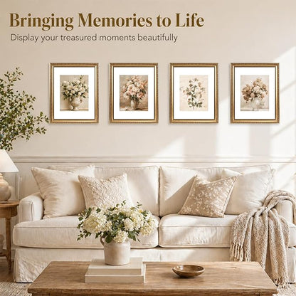 JCJMY 11x14 Vintage Picture Frame with 8x10 Mat Set of 4, Elegant Retro 11 by 14 Photo Frame with Shatter-Resistant Plexiglass for Wall Hanging, Gallery Decor & Gift, Gold, 4 Pack