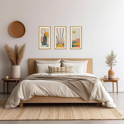 IARTTOP Boho Sunrise Wall Art Framed Set of 3 Mid Century Modern Wood Wall Decor Sage Green Minimalist Botanical Abstract Geometric Art Prints for Living Room Bedroom Office 8 x16Inch