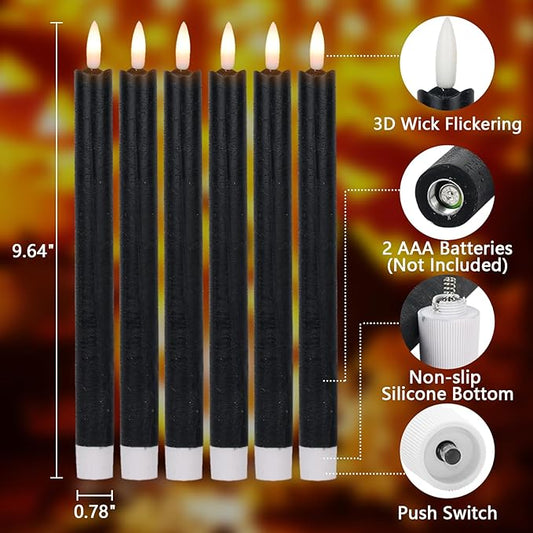 Halloween Flameless Taper Candles with 6 Hour Timer, Battery Operated Black LED Taper Candles Real Wax 3D Wick Flickering Halloween Dinner Table Decor Lights(6 Pack, 0.78” x 9.64”)