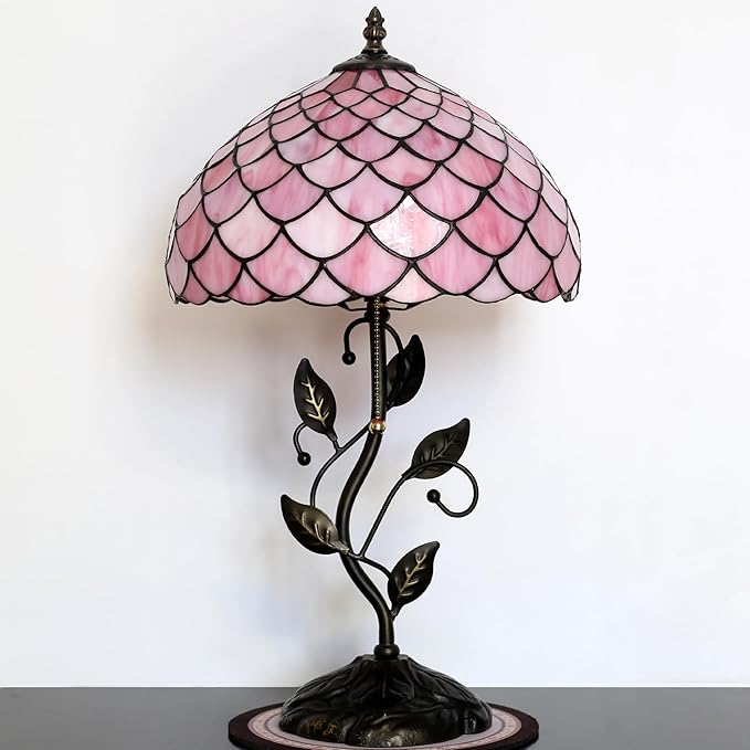 Tiffany Lamp Stained Glass Style Table Lamp Pink Fishscale Style Bedside Desk Reading Light W12H19 Inch Metal Leaf Base with Metal Leaf Base