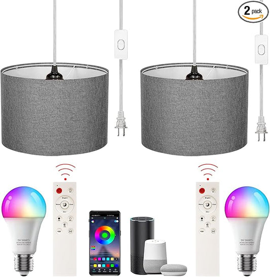 2pcs Plug in Pendant Light, Hanging Lamp with RGB Smart Bulb, Hanging Lights with Plug in Cord Hanging Lights for Bedroom Kitchen Living Dining Room Light Fixture