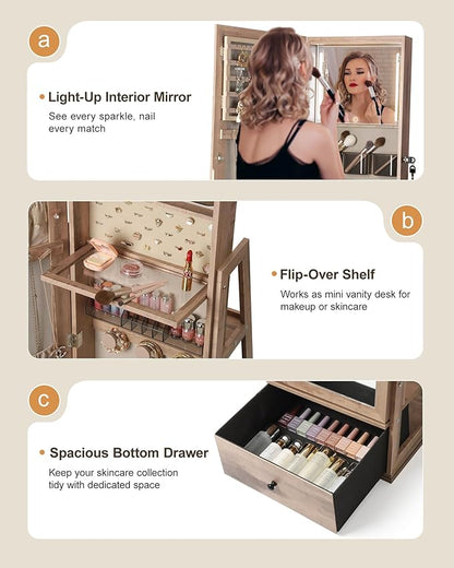 Nicetree 360° Swivel Jewelry Cabinet with Lights, Touch Screen Vanity Mirror, Rotatable Full Length Mirror with Jewelry Storage, Standing Jewelry Armoire Organizer, Foldable Makeup Shelf, Oak