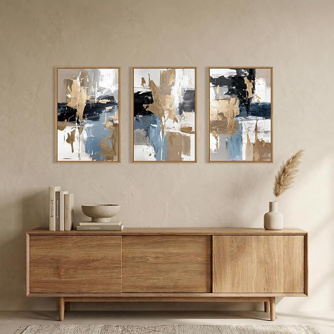 KAIRNE Blue and Gold Abstract Framed Canvas Wall Art Set,Minimalist Brush Strokes Wall Decor,Modern Textured Art Prints,Neutral Brown Black Artwork for Living Room,Bedroom,Farmhouse,Office-16 x24 x3