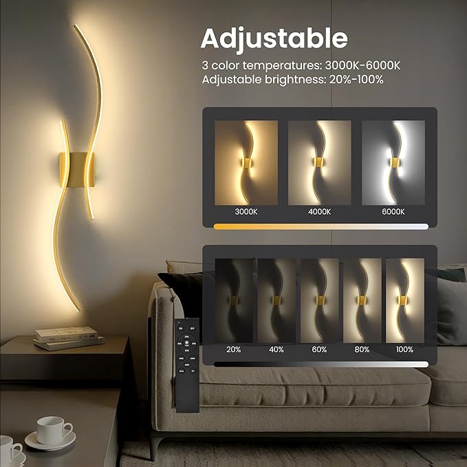 Battery Operated Wall Sconces Set of Two, 10000mAh Rechargeable Modern Wall Lights with Remote Control, Dimmable Gold LED Cordless Lighting for Living Room, Bedroom, Hallway, 31.5 Inch, 3CCT
