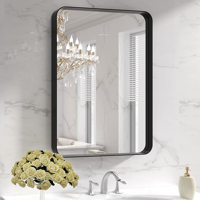 LOAAO Black Metal Framed Bathroom Mirror for Wall, 22X30 Inch Rounded Rectangle Mirror, Matte Black Bathroom Vanity Mirror Farmhouse, Anti-Rust, Hangs Horizontally or Vertically
