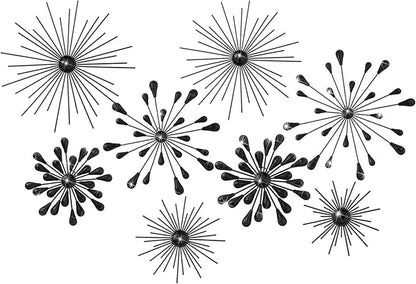 Blulu 8 Pcs Black Metal Wall Art Cast Iron Starburst Wall Decor Bling Crystal Sculptures Living Room 3D Teardrop Radial Rhinestone Hanging Diamond Accents for Home Office Bedroom Entryway