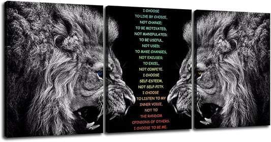 Inspirational 3 Pieces Lion Poster for Office Motivational Wall Art I Choose Canvas Prints Artwork for Living Room Modern Home Decor Painting Pictures Stretched and Framed Ready to Hang [36''Wx 16''H]