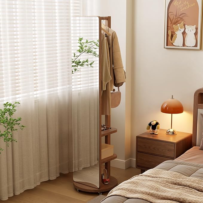 WoodsWhisper Full Length Mirror Coat Rack Solid Wood Floor Mirror 66"x12" Full Length Mirror with Stand Long Mirrors for Bedroom,Living Room (Walnut-Mobile, 66" Lx12 W)